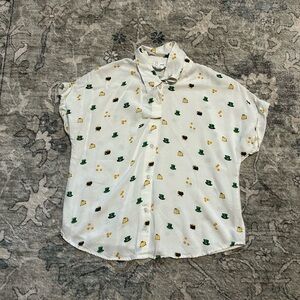 Patterned White Blouse with Green and Yellow Accents